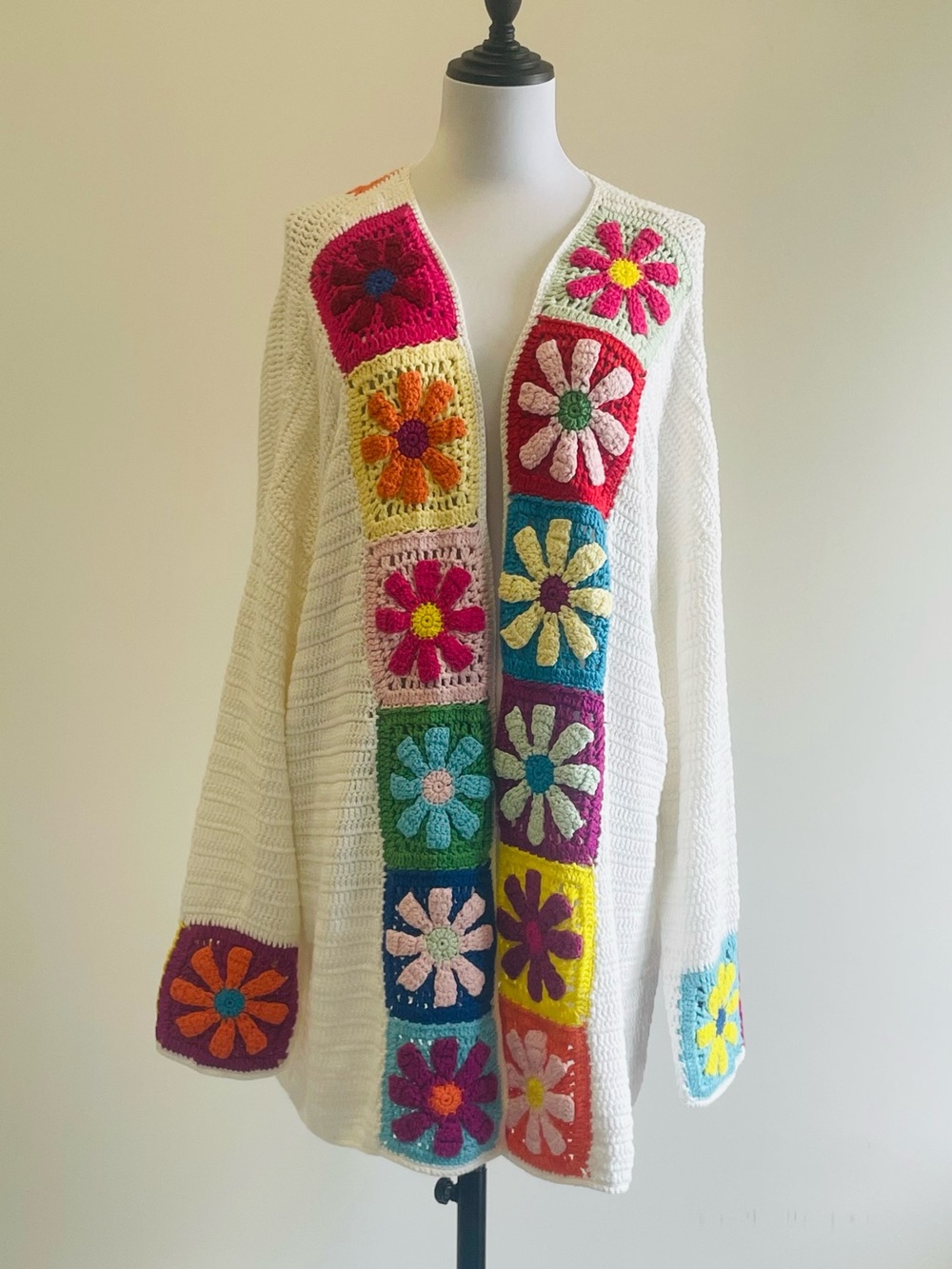 French Hand-knit Ivory Crochet Open-Front Cardigan with Multicolor Floral Panels